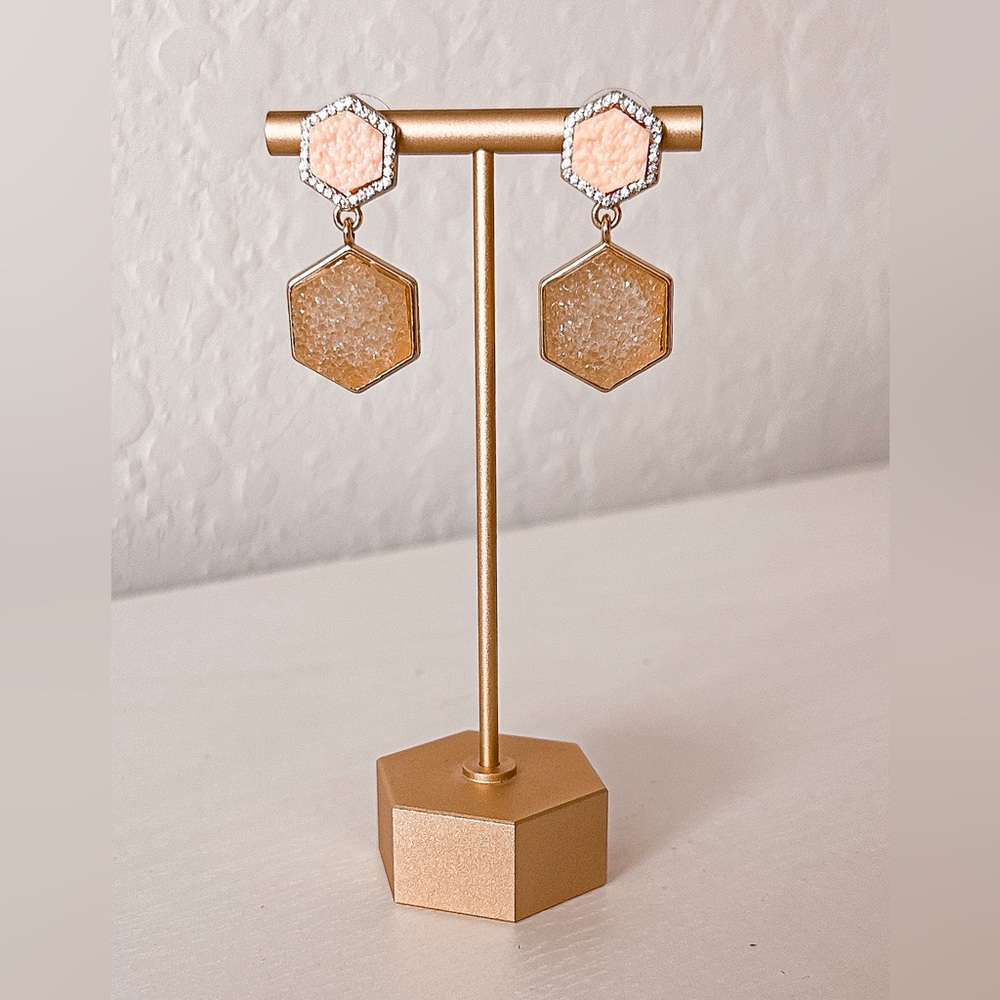 Chic Gold and Pink Stone Druzy Hexagon Earrings